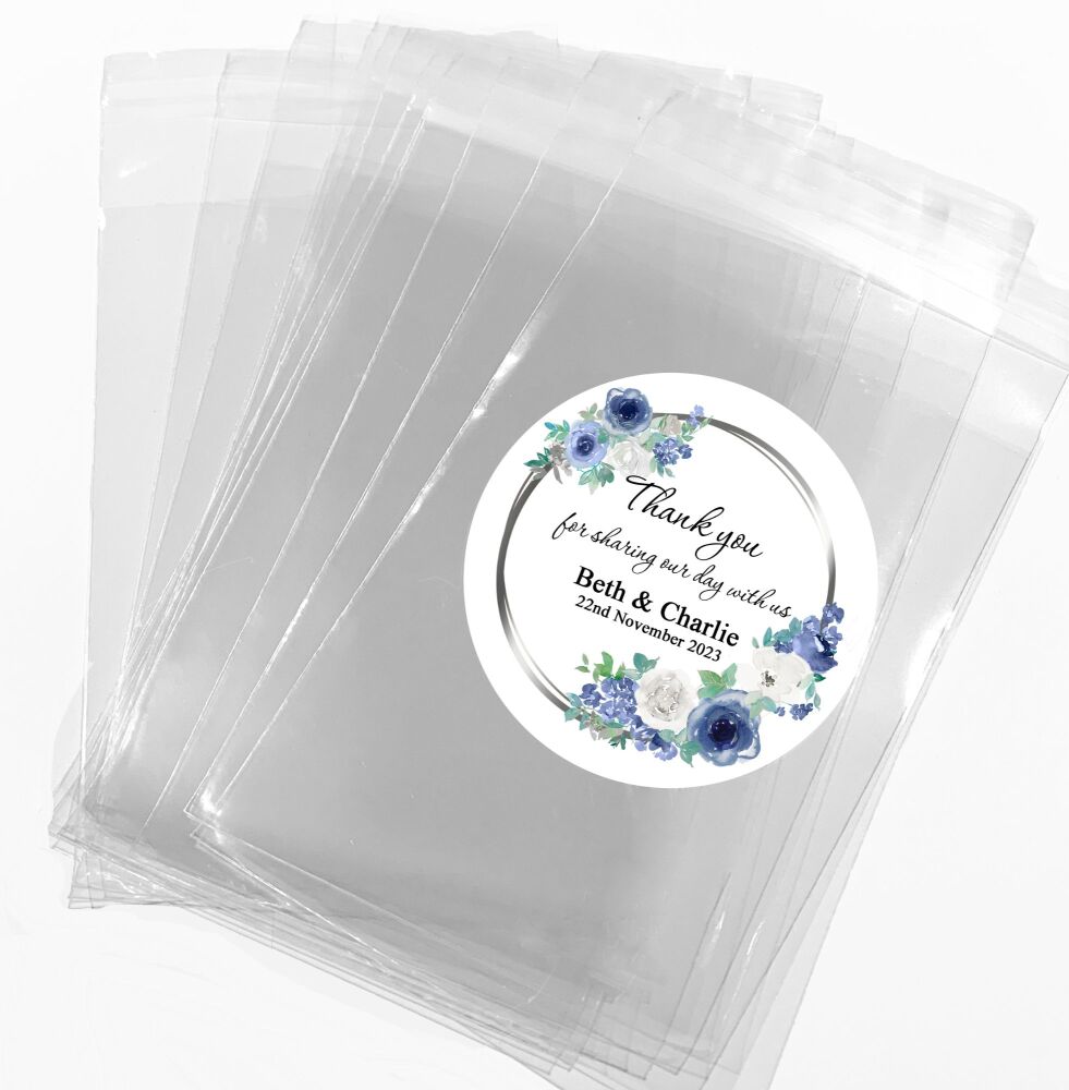 Blue And White Flowers Personalised Wedding Favours Sweet Bags Stickers Kits