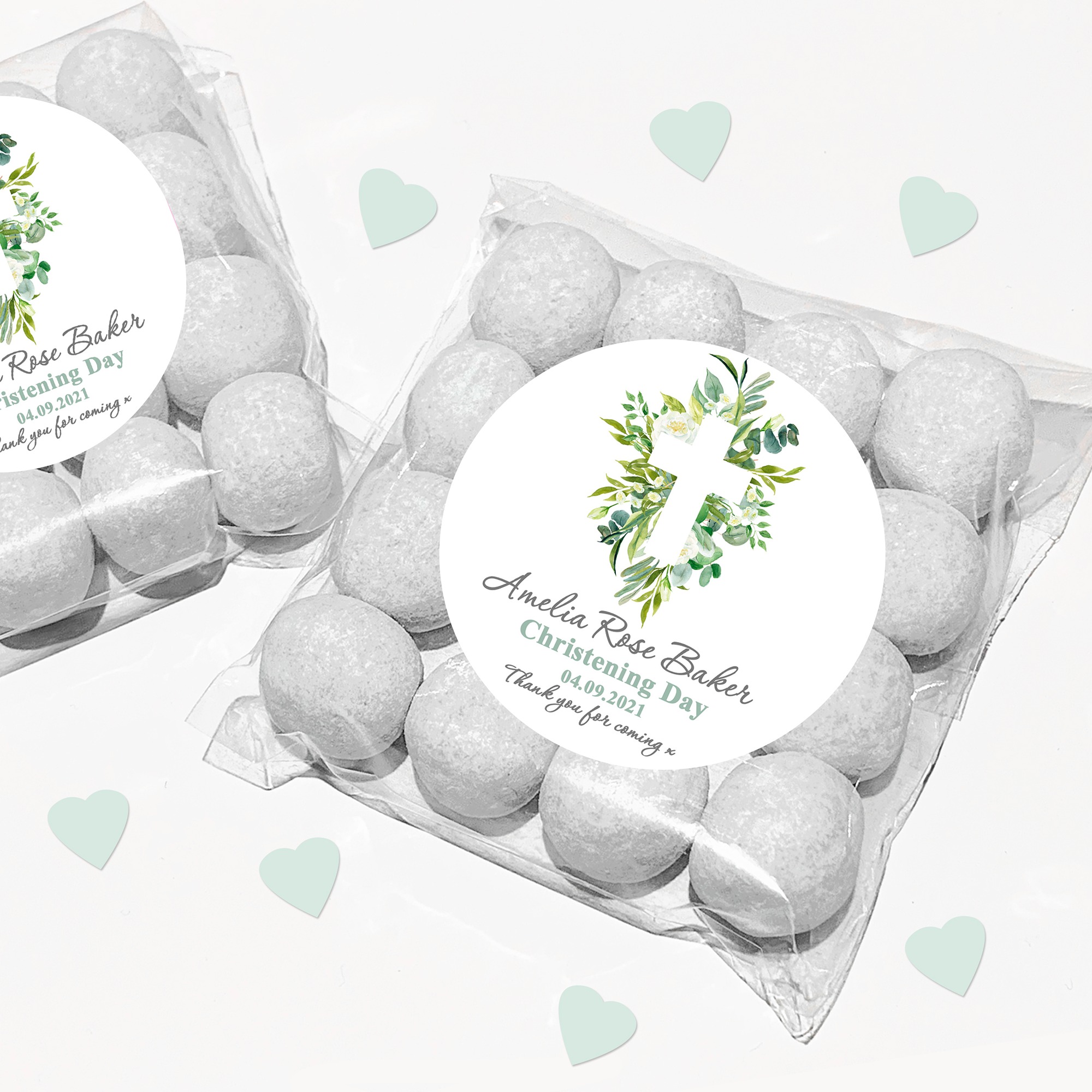 Personalised christening favours sweet bags and stickers kits