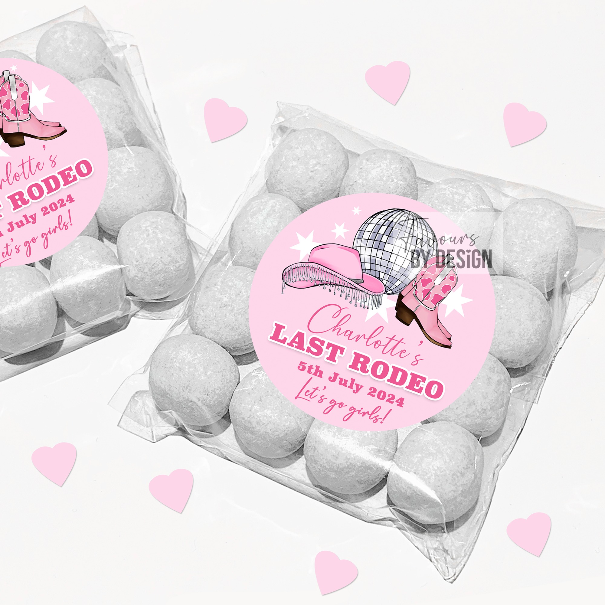 Last rodeo cowgirls disco pink hen party sweet bags and stickers