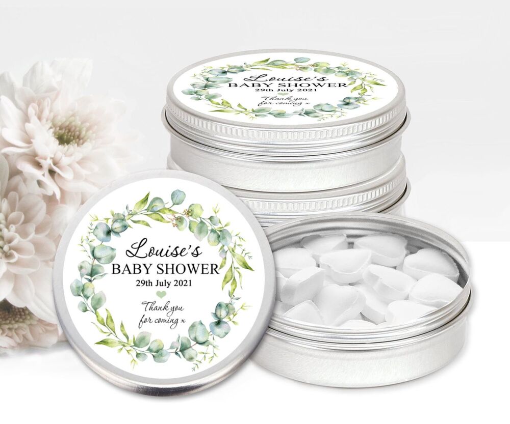 Eucalyptus Wreath Personalised  Baby Shower Party Favours Mint Tins x1