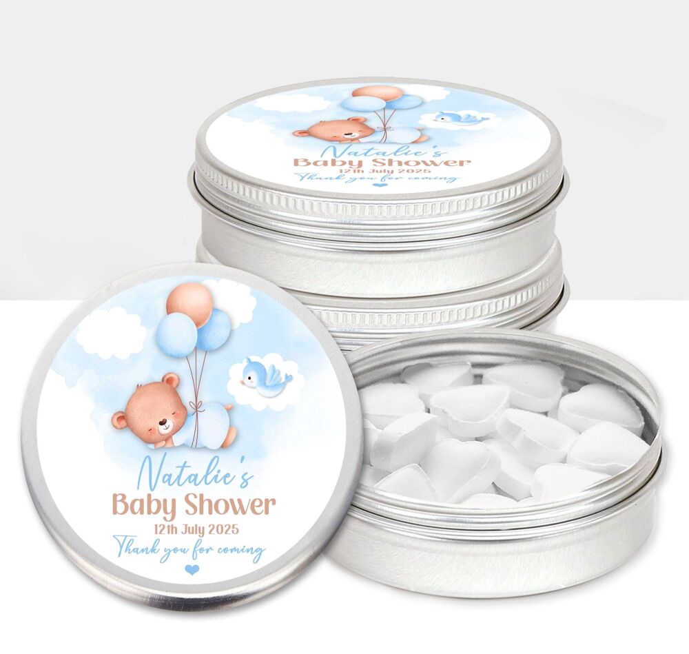 Blue Sleeping Bear Baby Shower Party Favours Sweets Mints Tins x1
