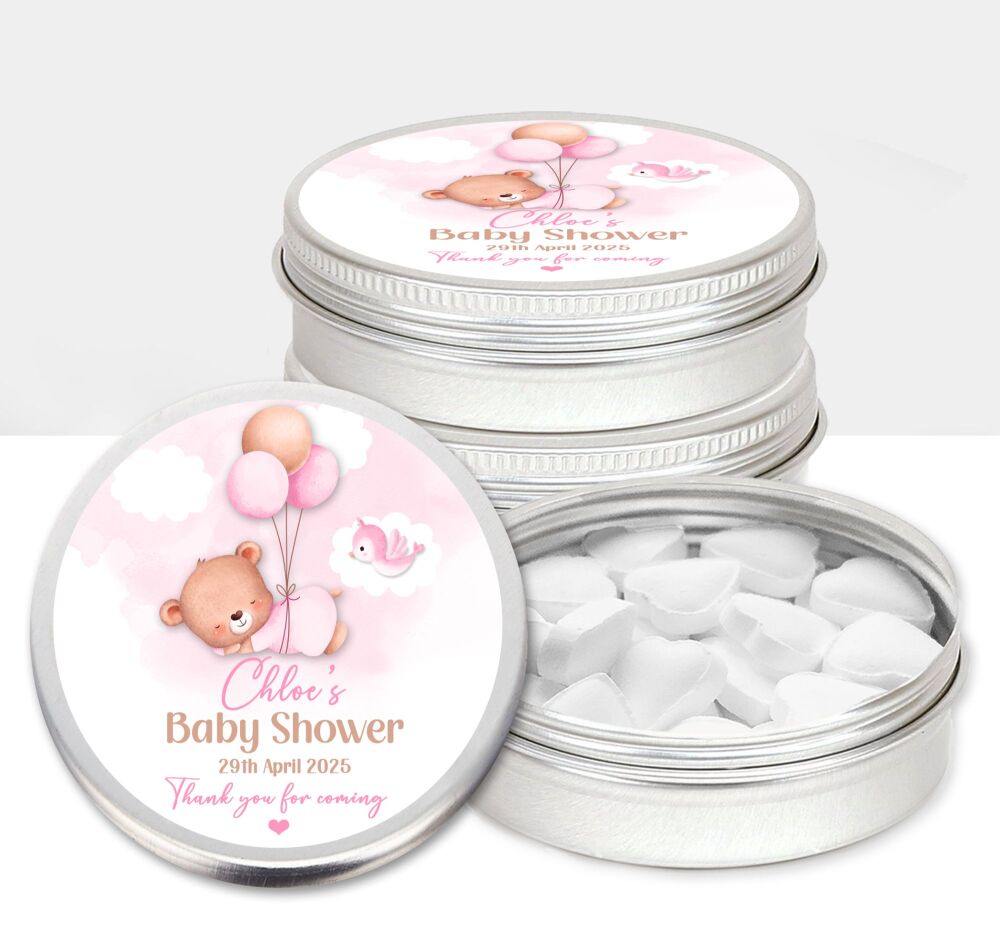 Pink Sleeping Bear Baby Shower Party Favours Sweets Mints Tins x1