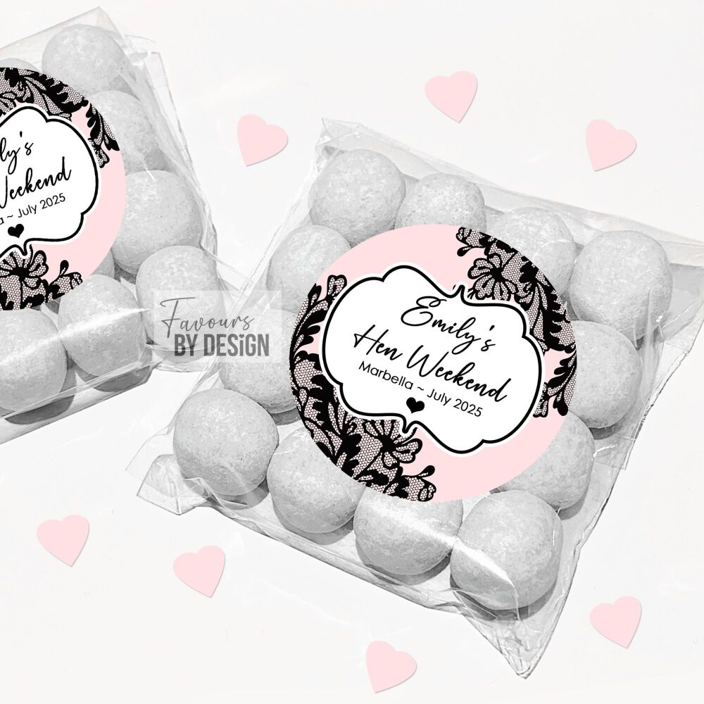 Pink With Black Lace Hen Party Sweet Bags With Stickers Kits x1