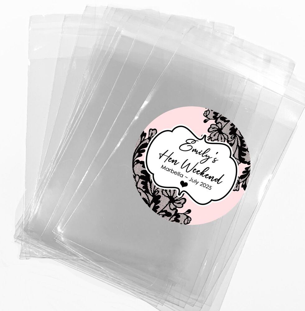 Pink With Black Lace Hen Party Sweet Bags With Stickers Kits x1