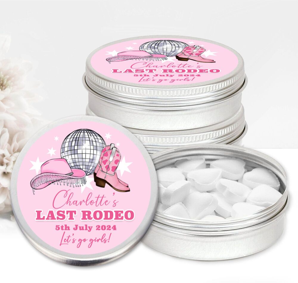Pink Last Rodeo Cowgirl Disco Hen Party Favours Sweets Mints Tins x1