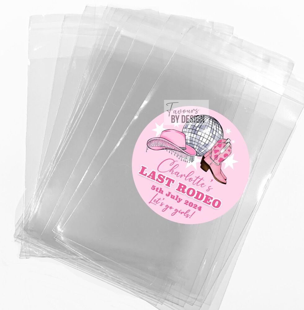 Pink Last Rodeo Cowgirl Disco Hen Party Sweet Bags With Stickers Kits x1