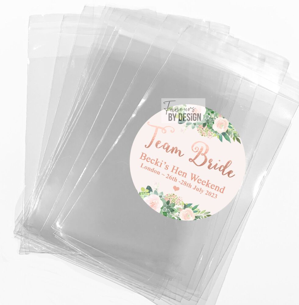 Team Bride Floral Rose Gold Hen Party Sweet Bags With Stickers Kits x1