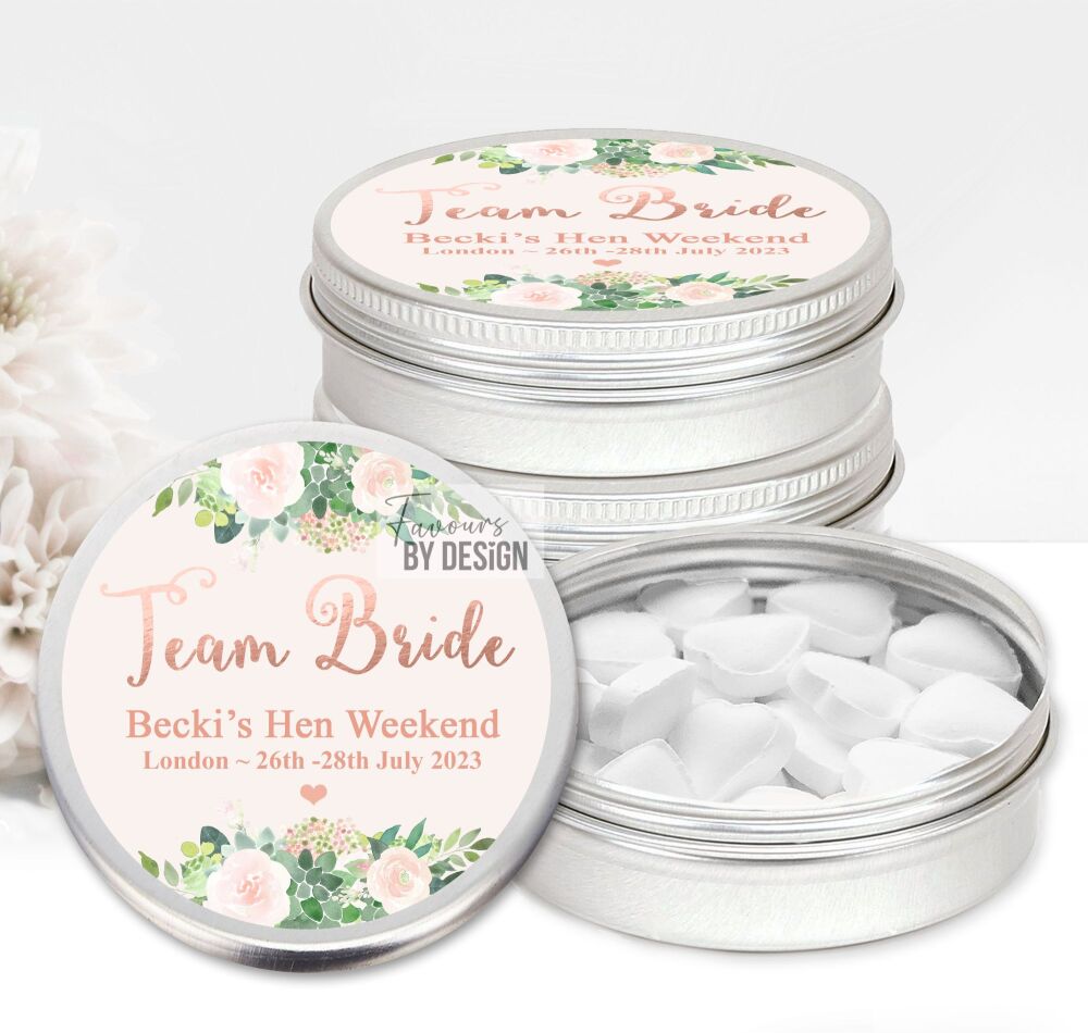 Team Bride Floral Rose Gold Hen Party Favours Sweets Mints Tins x1