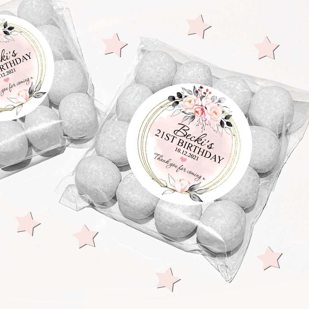 Blush Pink And Grey Floral Frame Adult Party Favours Sweet Bags Stickers Kits x1