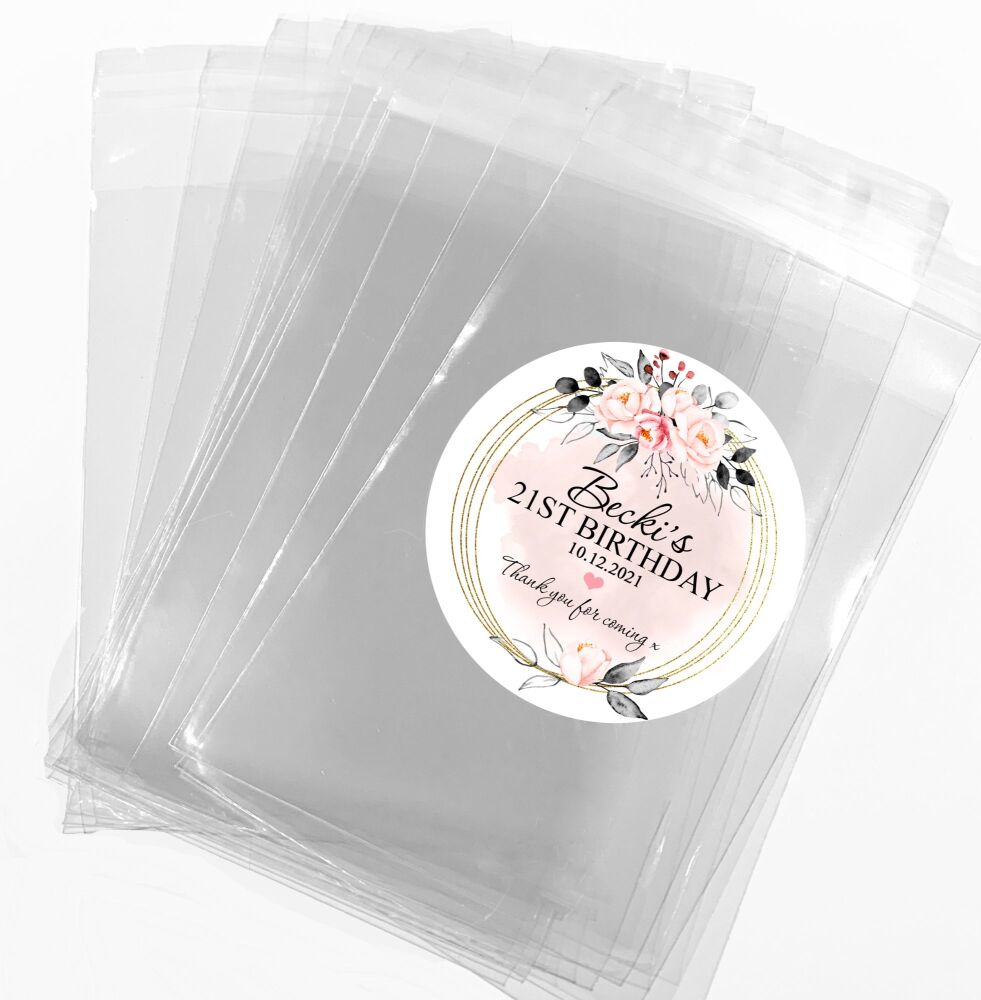Blush Pink And Grey Floral Frame Adult Party Favours Sweet Bags Stickers Kits x1