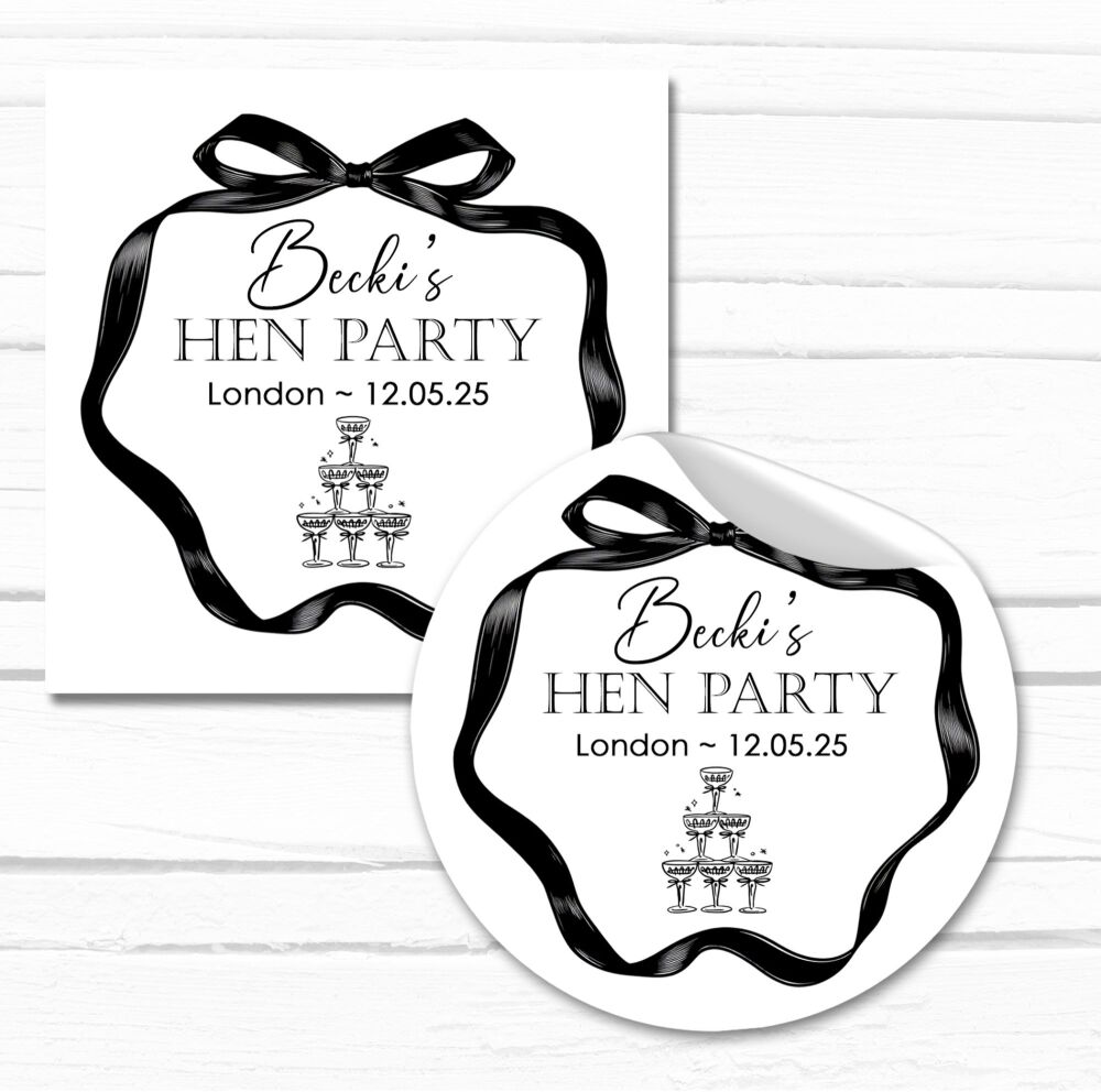 Black Bow Champagne Glass Tower Hen Party Stickers A4 Sheet x1