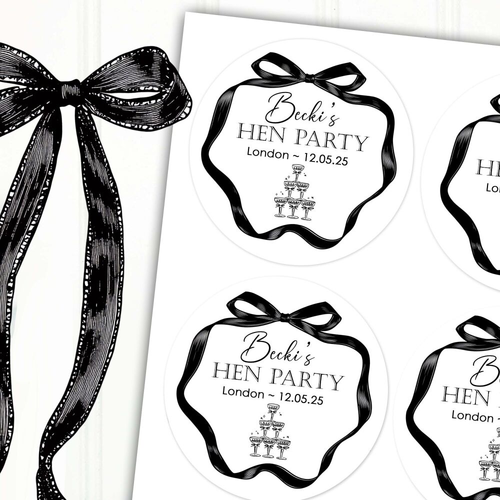 Black Bow Champagne Glass Tower Hen Party Stickers A4 Sheet x1