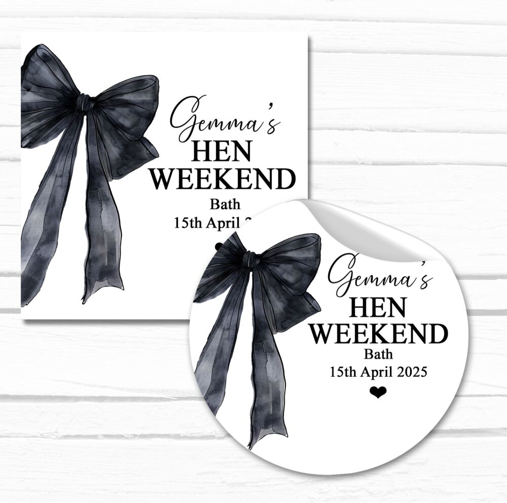 Black Bow Personalised Hen Party Stickers A4 Sheet x1