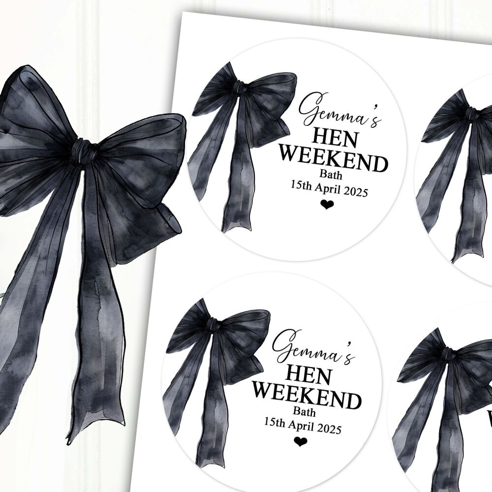 Black Bow Personalised Hen Party Stickers A4 Sheet x1