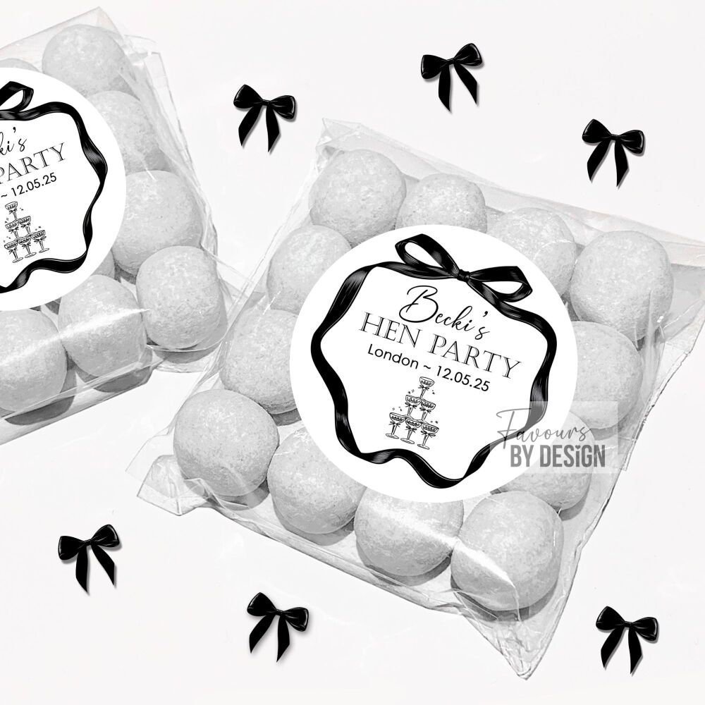Black Bow Champagne Glasses Hen Party Sweet Bags With Stickers Kits x1