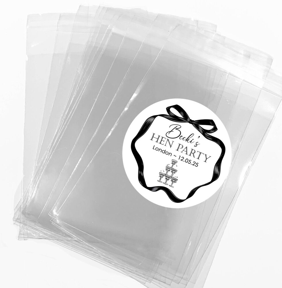 Black Bow Champagne Glasses Hen Party Sweet Bags With Stickers Kits x1