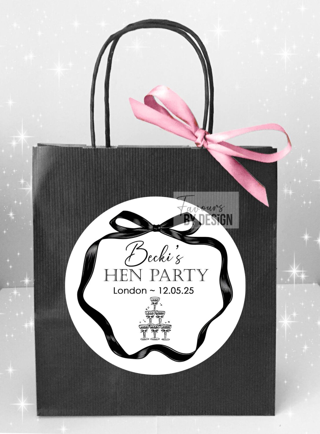 Black Bow Champagne Glasses Personalised Hen Party Bags x1
