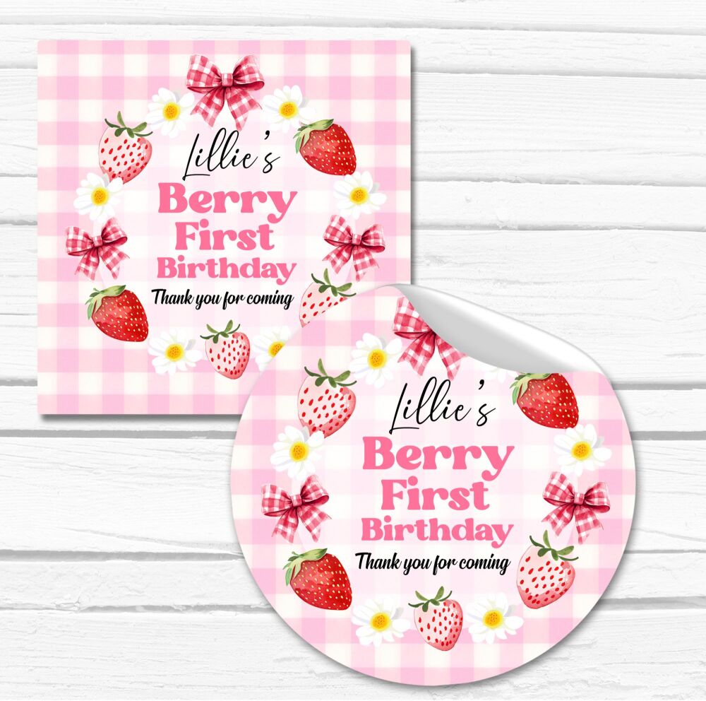 Berry First Birthday Stickers Party Bag Labels