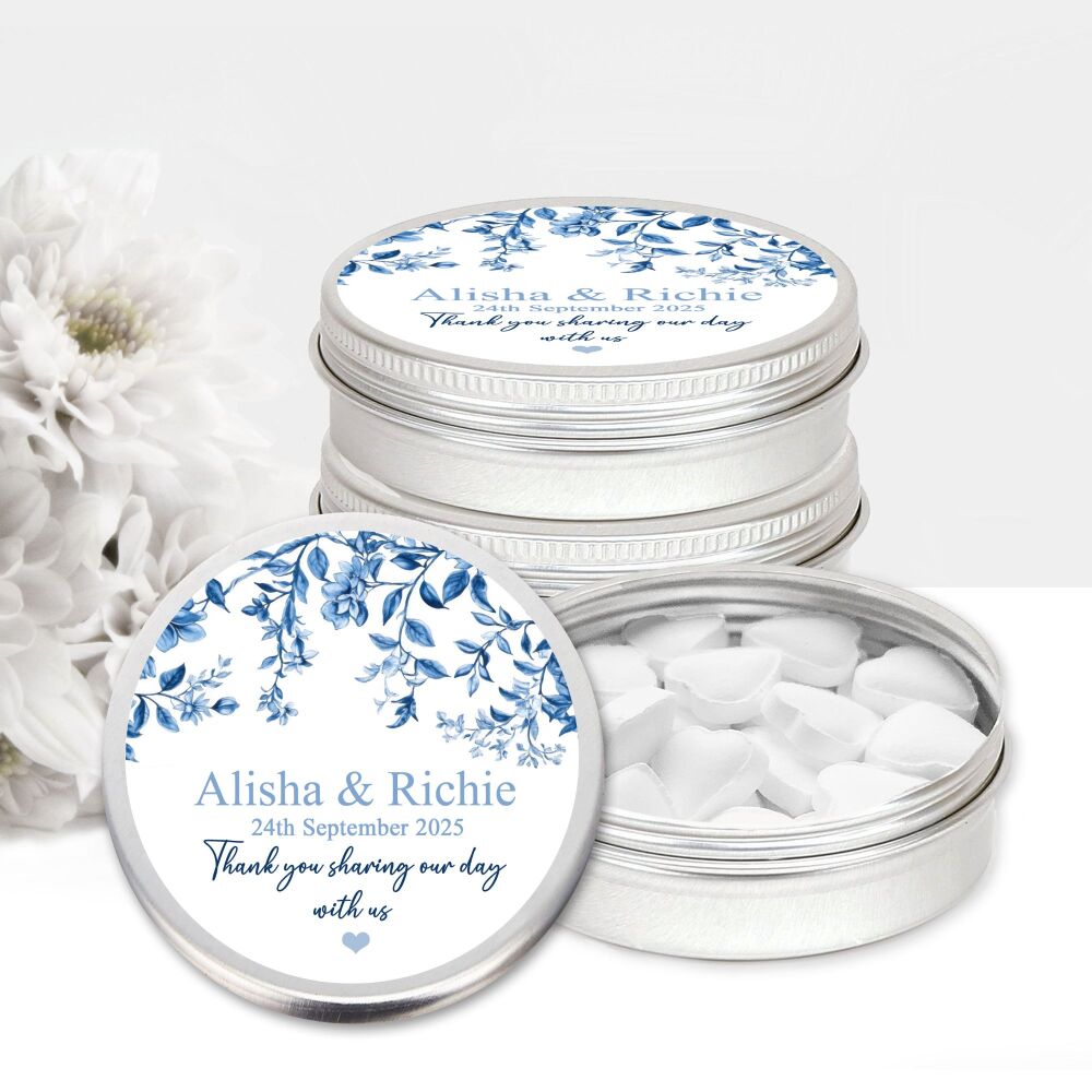 Blue Toile Flowers Personalised Wedding Favours Mints Tins x1