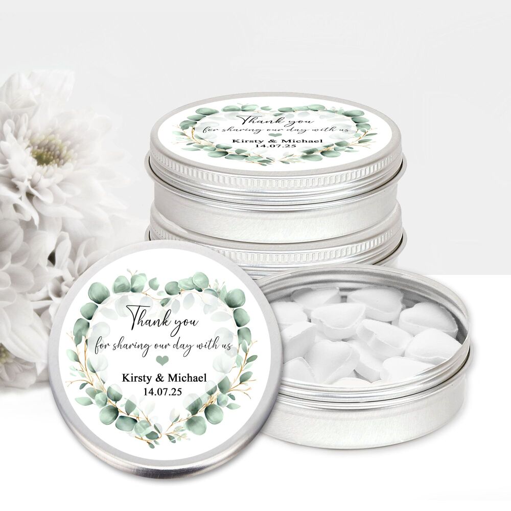 Eucalyptus Heart Personalised Wedding Favours Mints Tins x1