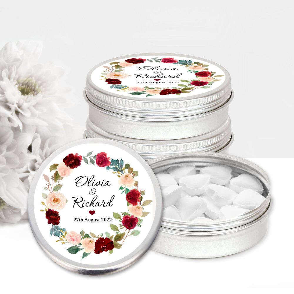 Red and Peach Floral Wreath Personalised Wedding Favours Mints Tins x1