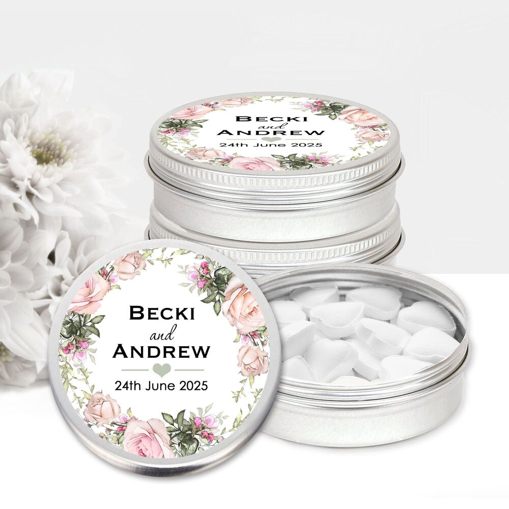 Pink Vintage Roses Wreath Personalised Wedding Favours Mints Tins x1