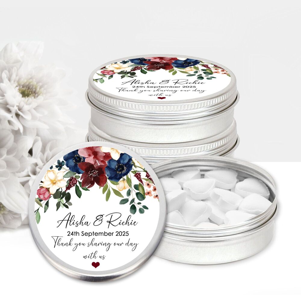 Burgundy And Navy Floral Drop Personalised Wedding Favours Mints Tins x1