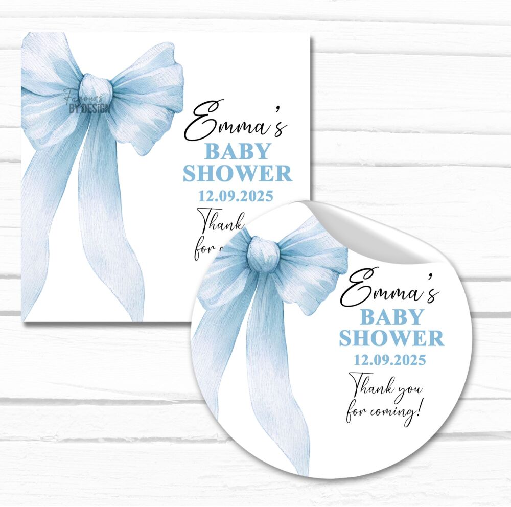 Blue Bow Baby Shower Personalised Stickers