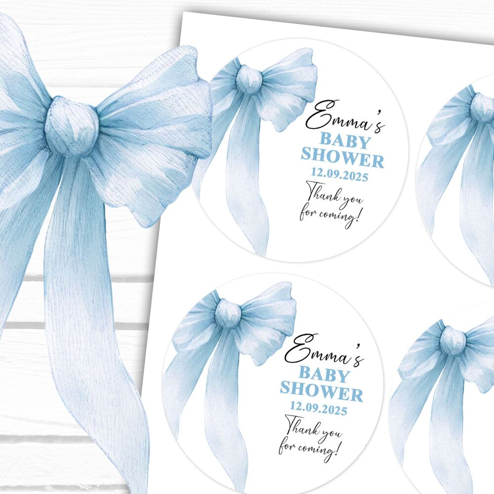 Blue Bow Baby Shower Personalised Stickers
