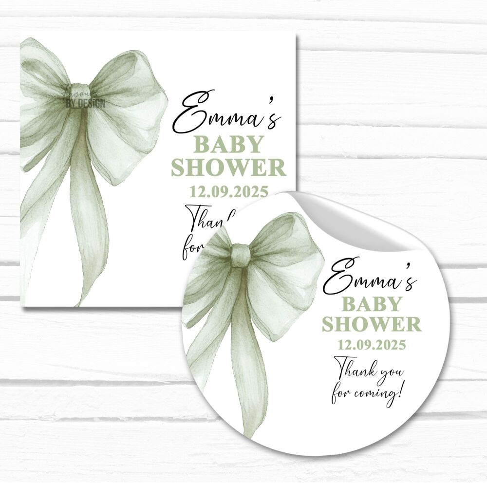 Sage Green Bow Baby Shower Personalised Stickers