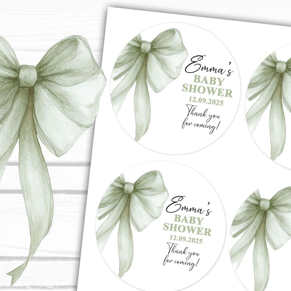 Sage Green Bow Baby Shower Personalised Stickers