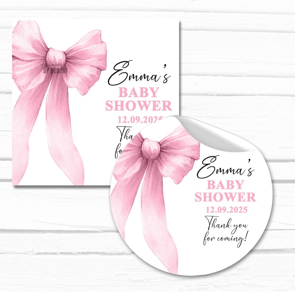 Pink Bow Baby Shower Personalised Stickers