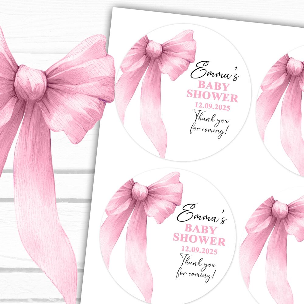 Pink Bow Baby Shower Personalised Stickers