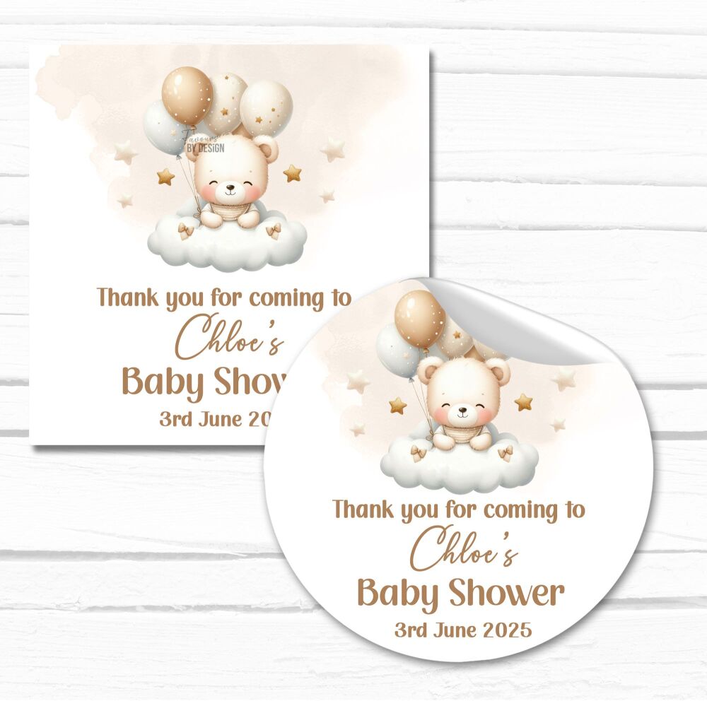Beige Bear On Clouds Personalised Baby Shower Stickers A4 Sheet x 1