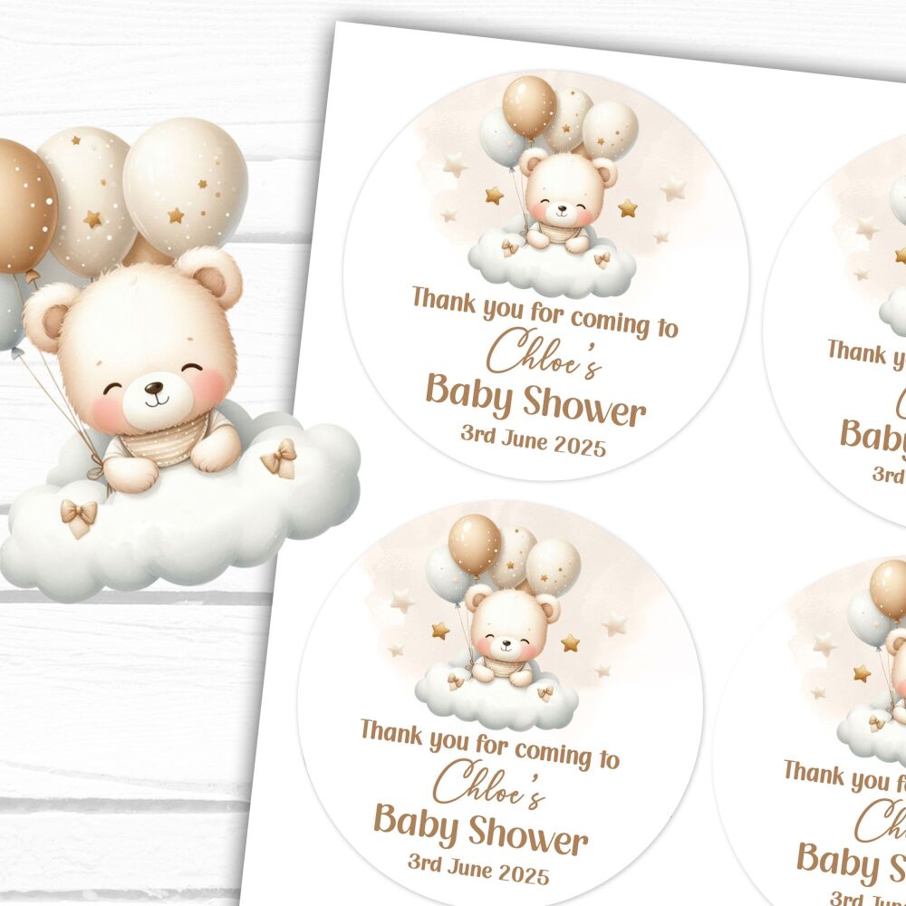 Beige Bear On Clouds Personalised Baby Shower Stickers A4 Sheet x 1