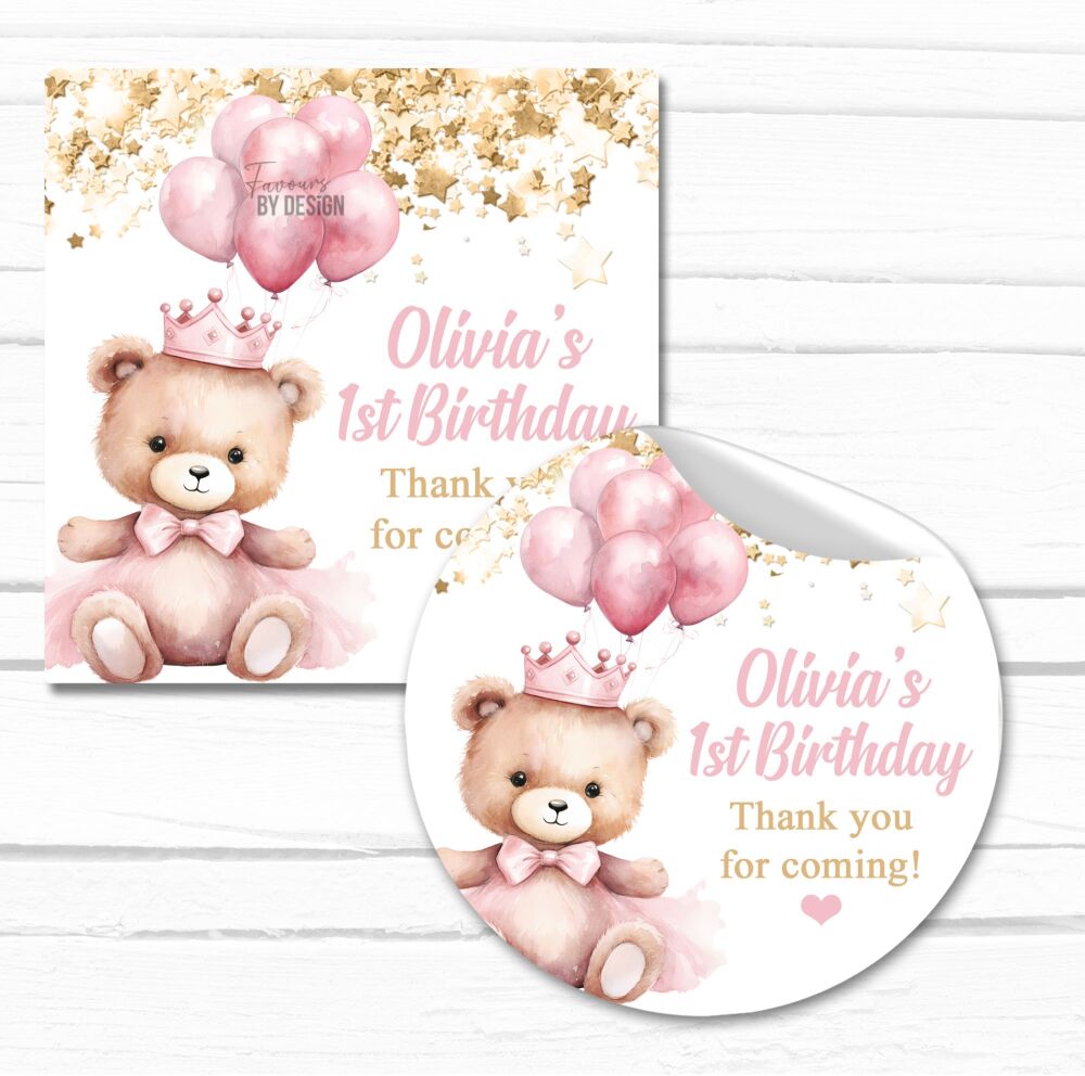 Birthday Princess Bear Personalised Party Bags Favours Stickers