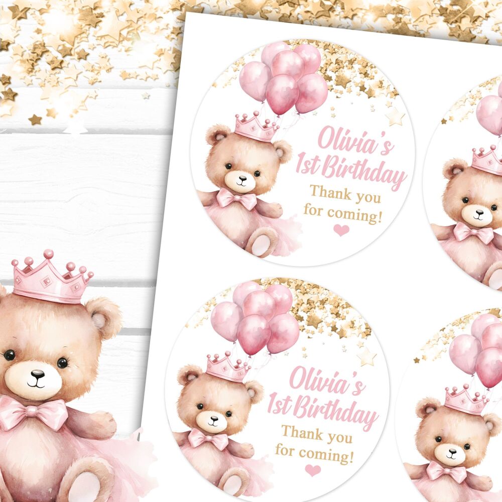 Birthday Princess Bear Personalised Party Bags Favours Stickers
