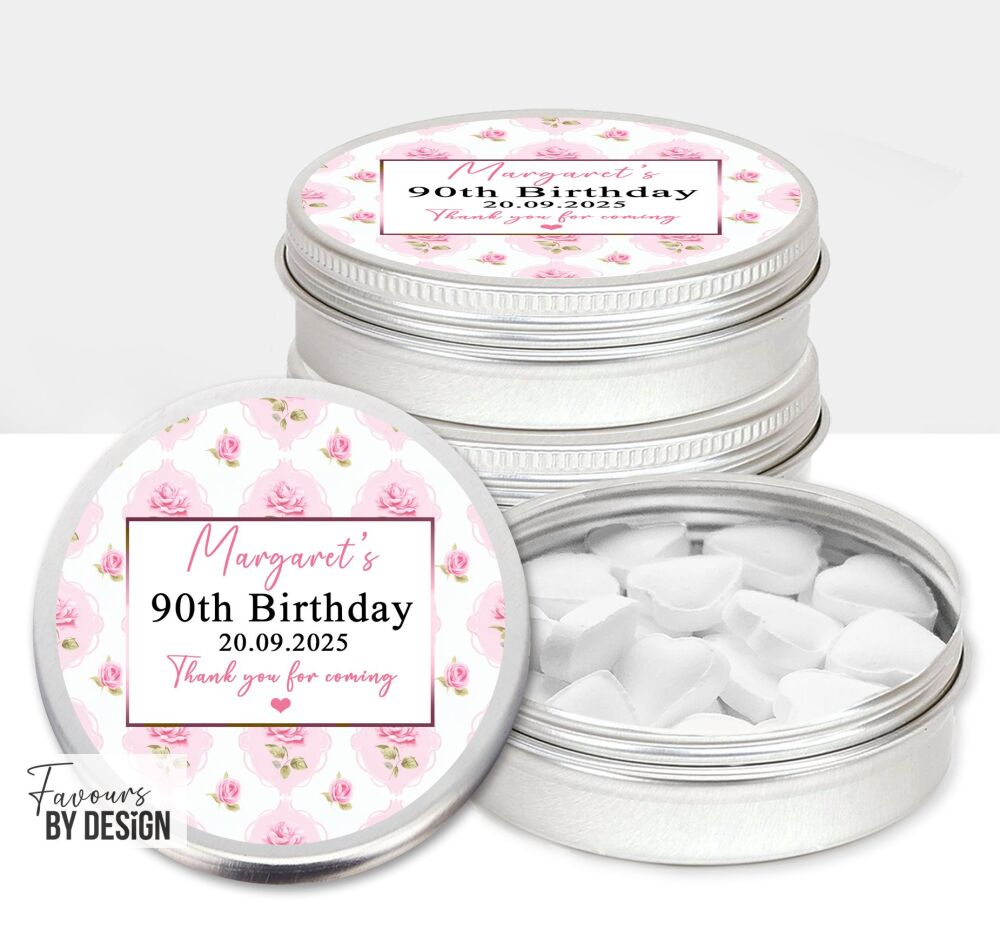 Pink Roses Adult Birthday Party Favours Sweets Mints Tins x1