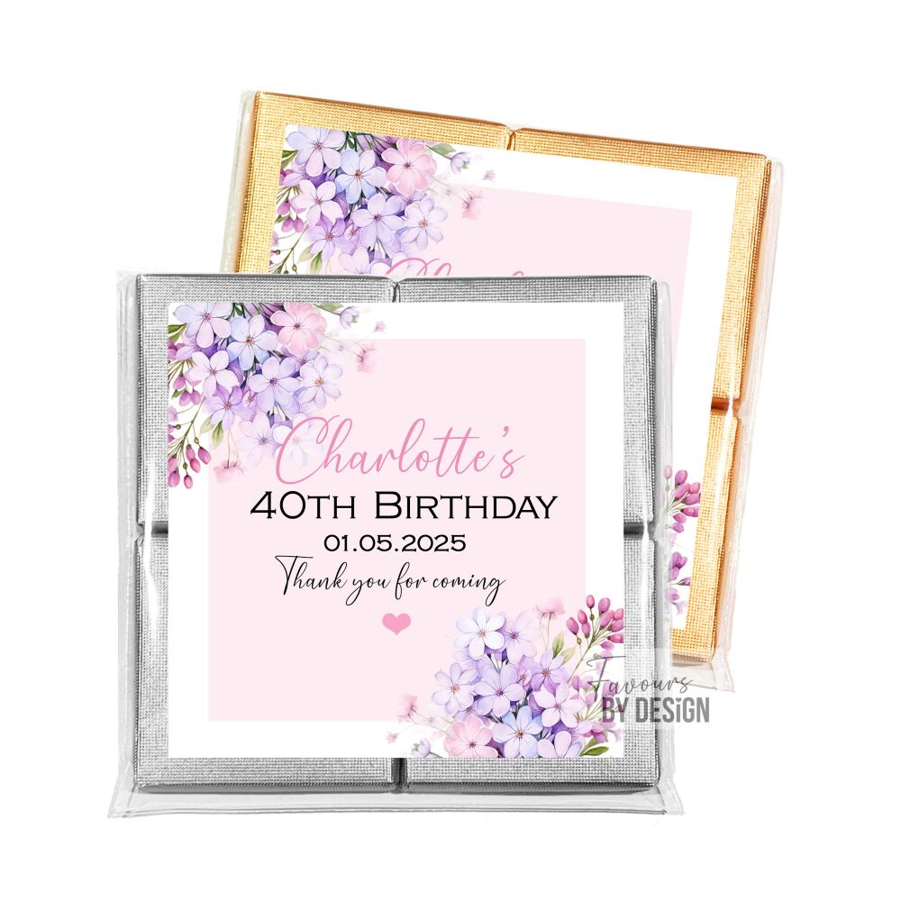 Pink And Lilac Flowers Adult Birthday Party Chocolates Favours x1