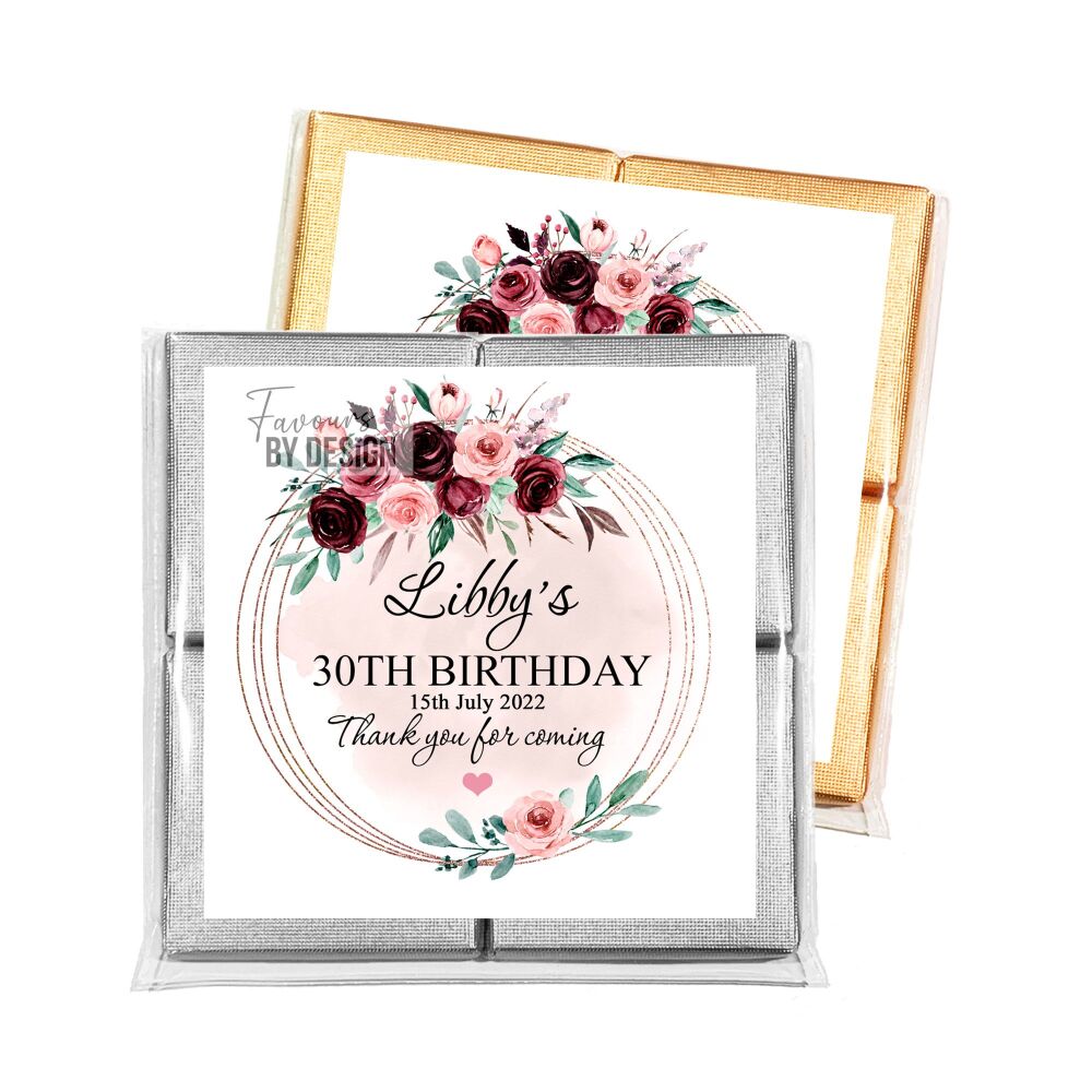 Burgundy Blush Floral Frame Adult Birthday Chocolates Favours x1