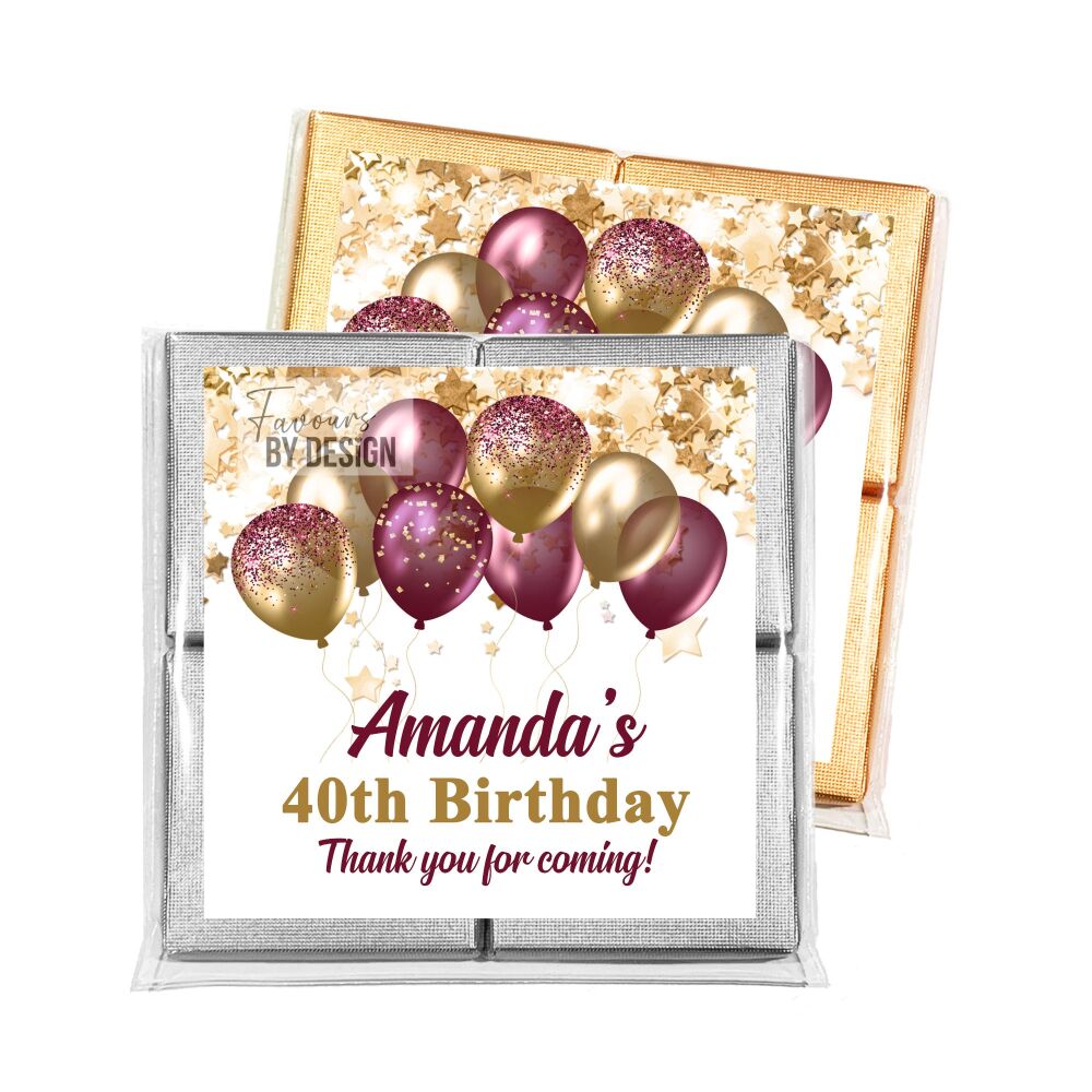 Burgundy and Gold Balloons Adult Birthday Party Chocolates Favours x1