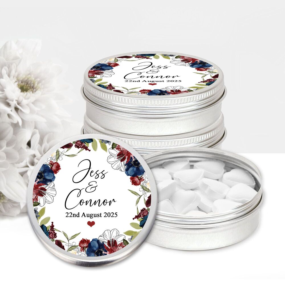 Burgundy And Navy Floral Edges Personalised Wedding Favours Mints Tins x1