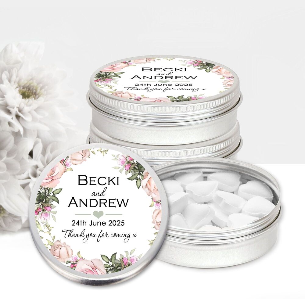 Pink Vintage Roses Wreath Personalised Wedding Favours Mints Tins x1