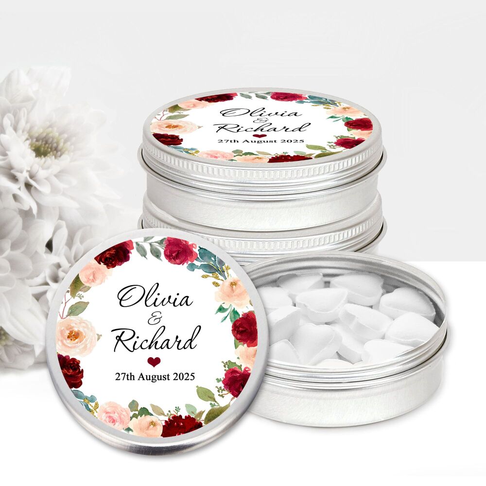 Red and Peach Floral Wreath Personalised Wedding Favours Mints Tins x1
