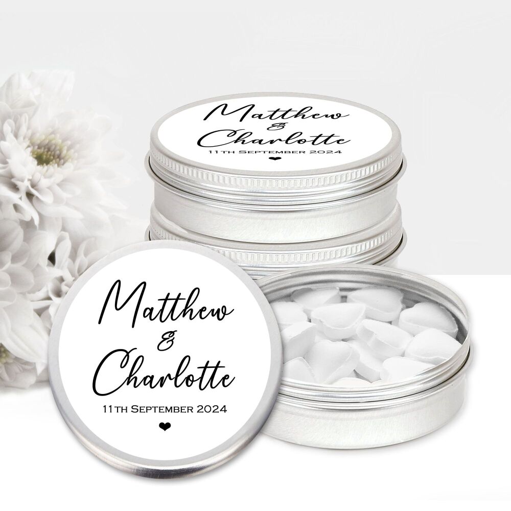 Black and White Minimal Personalised Wedding Favours Mints Tins x1