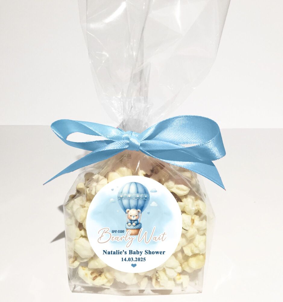 Blue Can Bearly Wait Air Balloon Baby Shower Popcorn Bags Kits x1