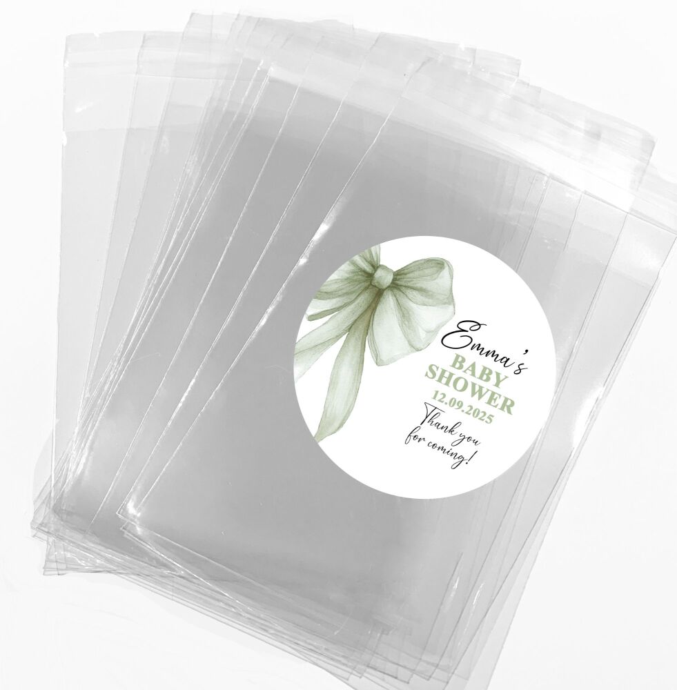 Green Bow Baby Shower Party Favours Sweet Bags & Stickers Kits x1