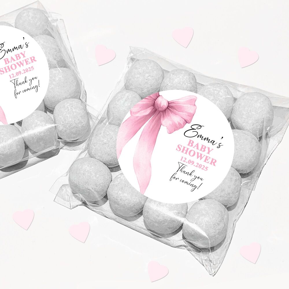 Pink Bow Baby Shower Party Favours Sweet Bags & Stickers Kits x1