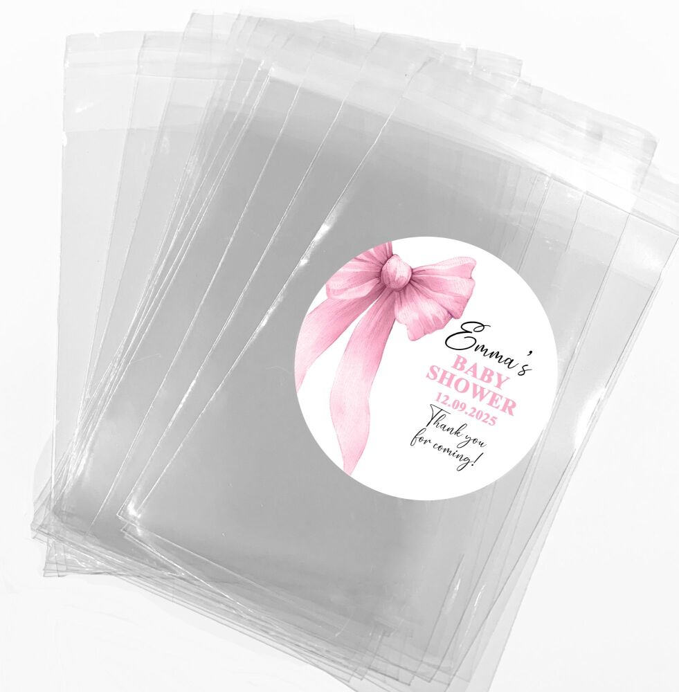 Pink Bow Baby Shower Party Favours Sweet Bags & Stickers Kits x1