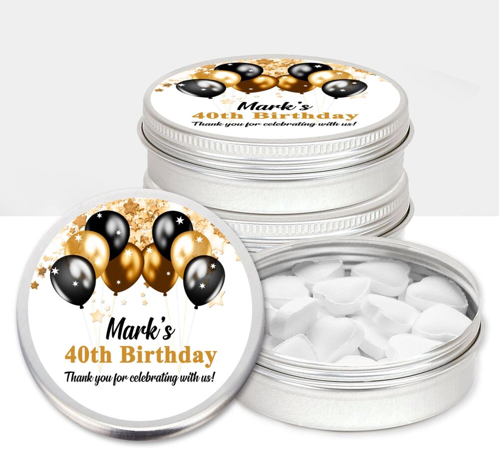 Black Gold Balloons Adult Birthday Party Favours Sweets Mints Tins x1